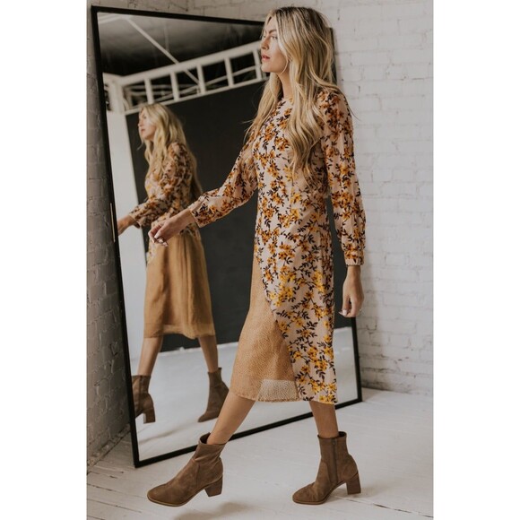 Roolee Darcy Floral Midi Dress Color BurlyWood Sheer Long Sleeves Medium - Picture 2 of 14